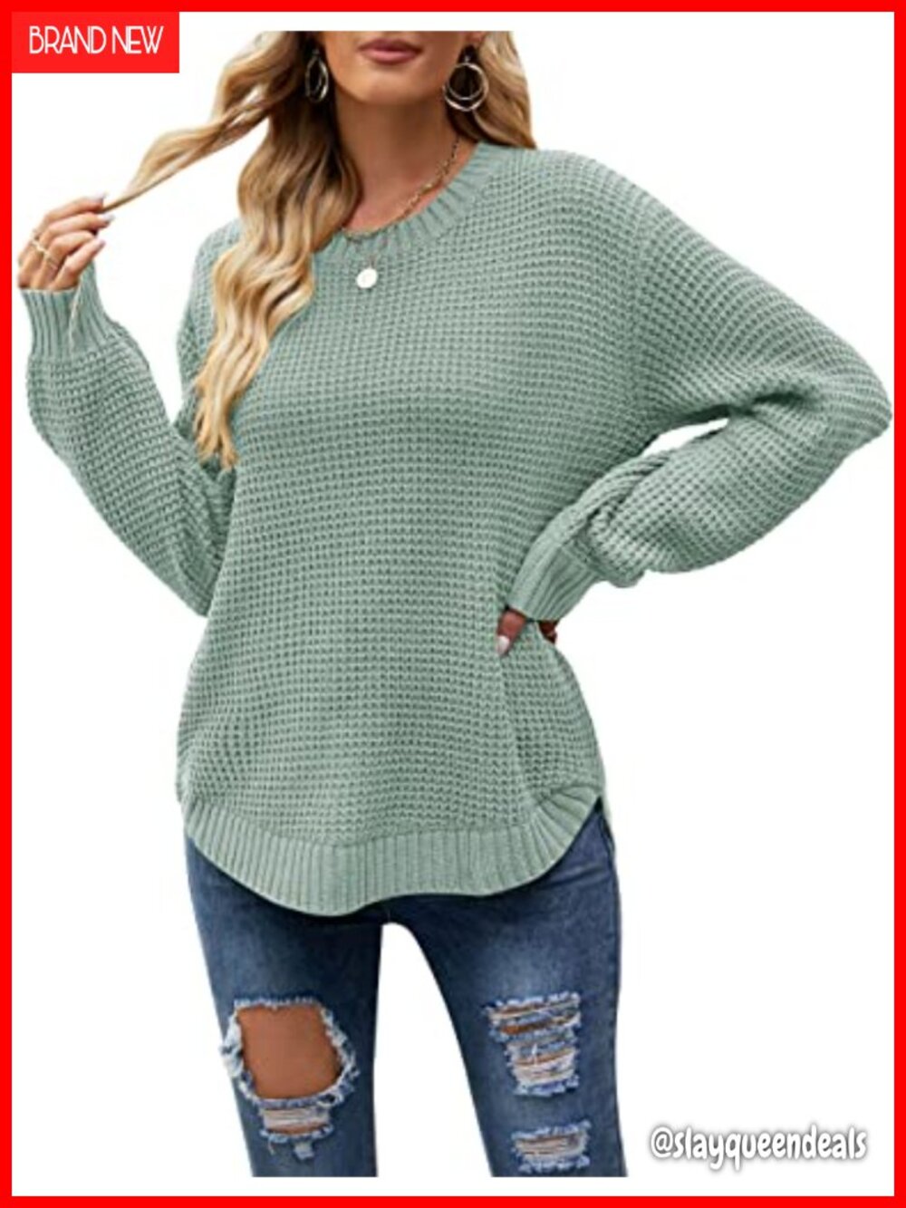 Waffle Knit Crew Neck Pullover Sweater
